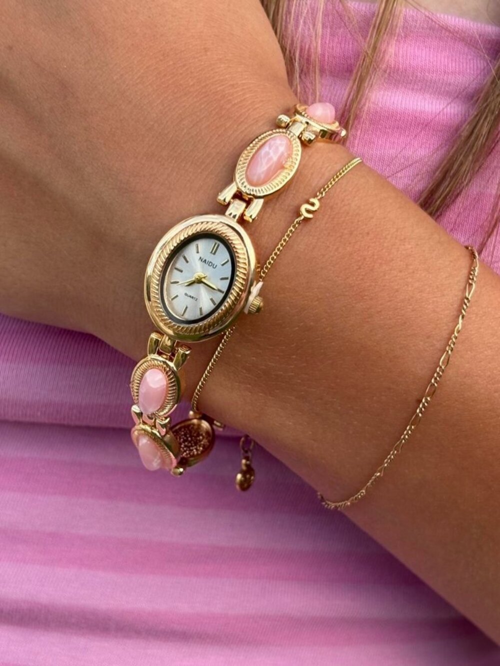 Preppy Gold Pink Stone Bracelet Watch